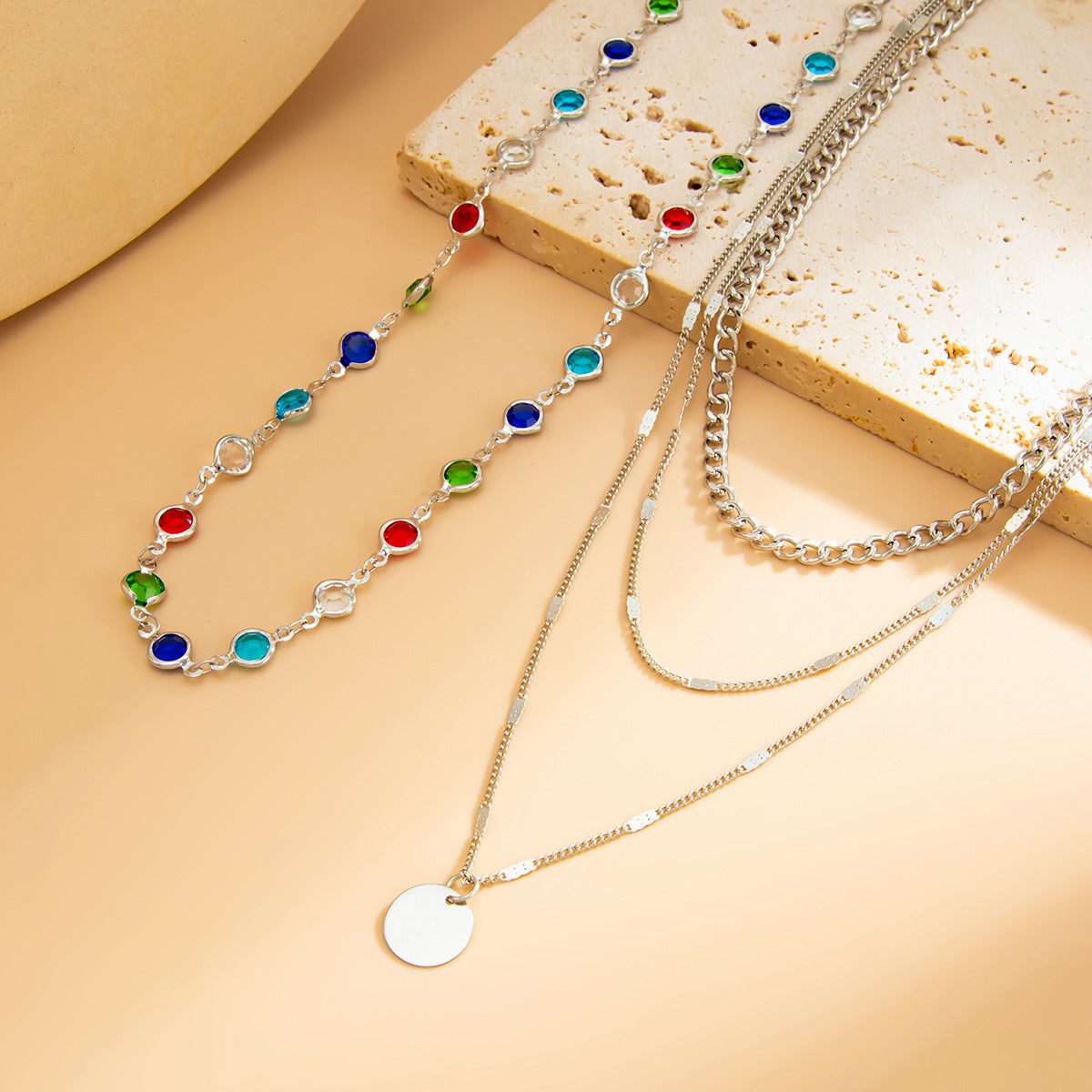 Minimalist Geometric Round Pendant Necklace for Women with Crystal Inlay and Metal Chain