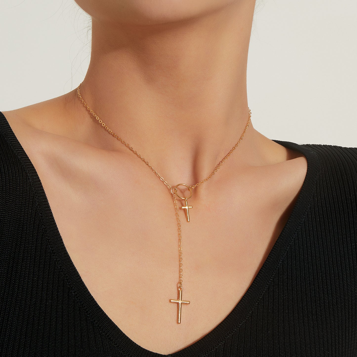 Minimalist Double-Layer Cross Pendant Necklace for Women in Alloy with Electroplated Finish