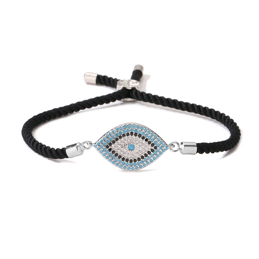 Geometric Evil Eye Rhinestone Micro-Paved Copper Bracelet for Women with Red Cord