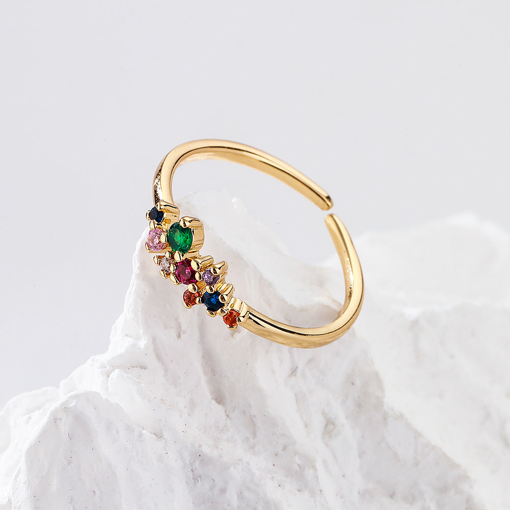 Minimalist Geometric Flower-Shaped Copper Ring with Real Gold Plating and Zircon Inlay for Women