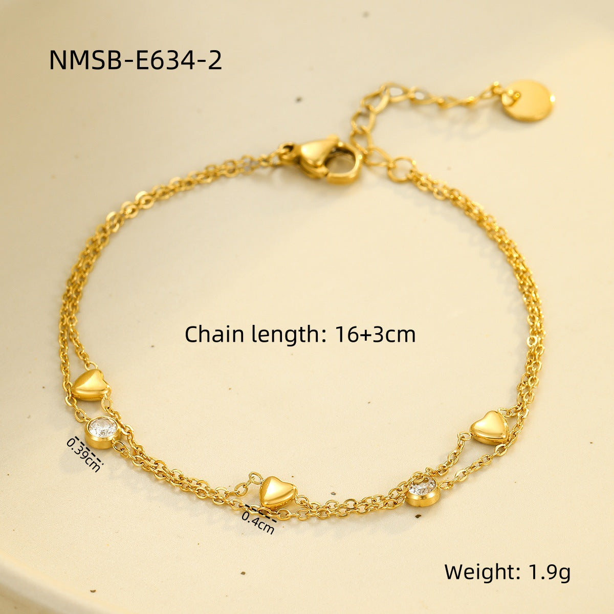 Elegant Heart-Shaped Stainless Steel Bracelet with Zircon Inlay for Women, Plated Finish, Fashionable Office Style