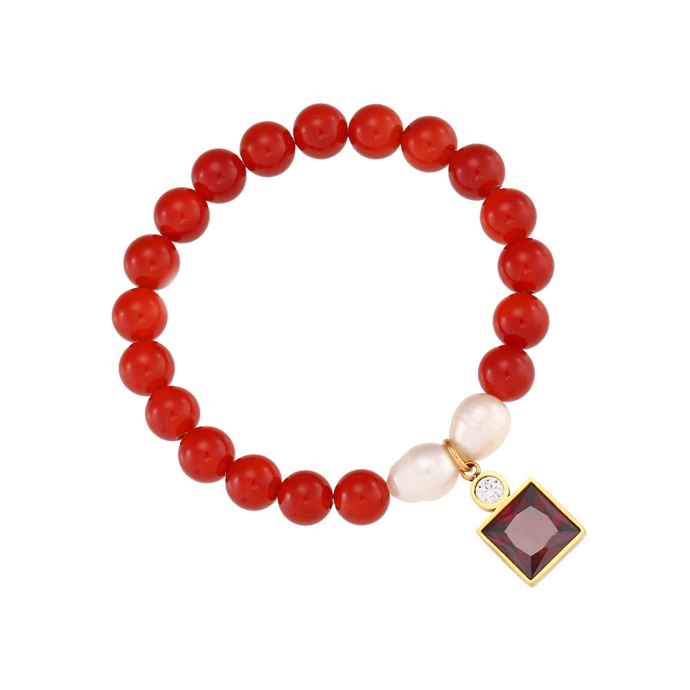 Pulsera de Cuentas de Piedra Natural Ónix Negro Geométrica Minimalista con Acentos de Zirconia y Baño de Rodio para Mujer