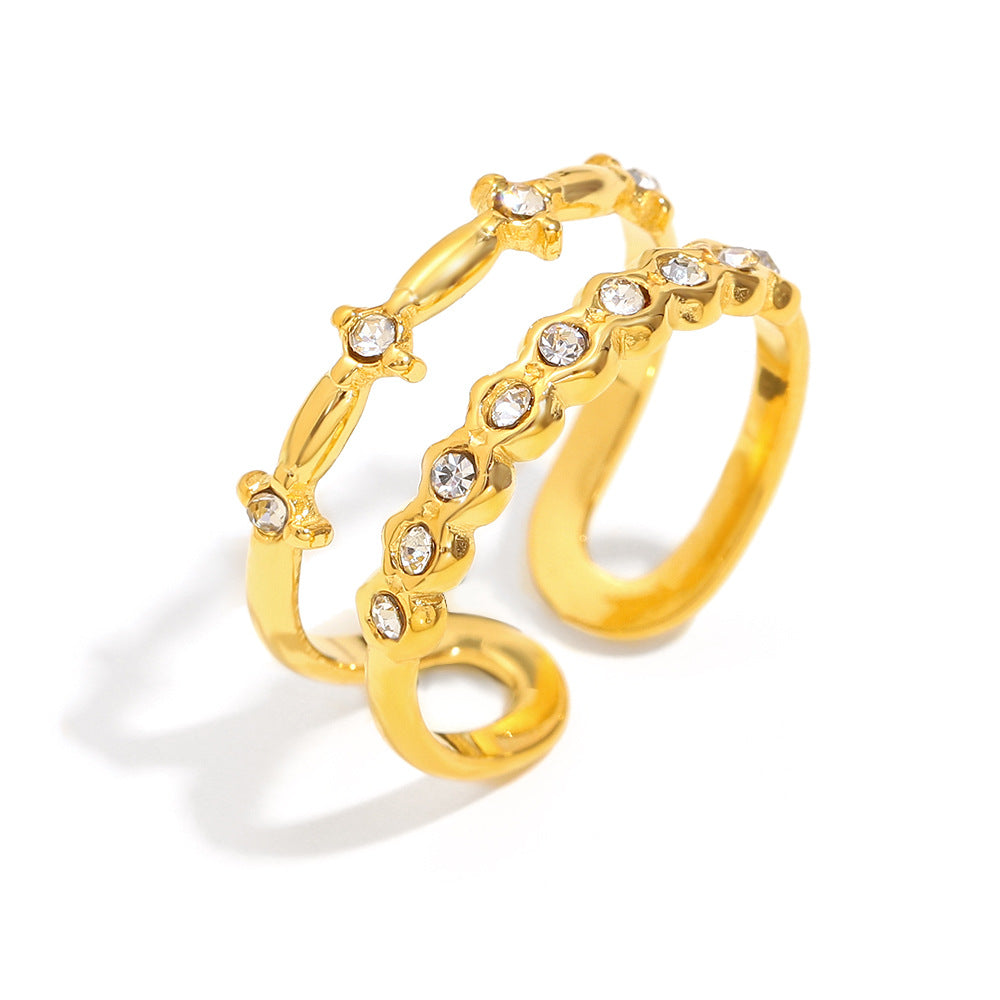 Anello Minimalista Geometrico in Acciaio Inox con Placcatura in Oro 18K e Doppi Strass per Donna