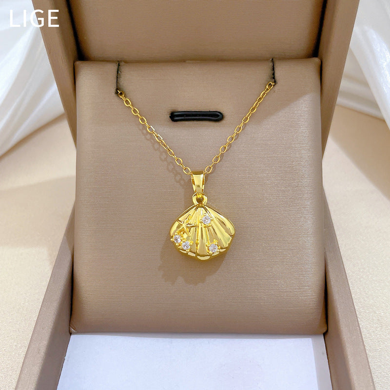 Sweet Minimalist Geometric Moon Pearl Shell Rhinestone Pendant Necklace Titanium Steel Cable Chain for Unisex