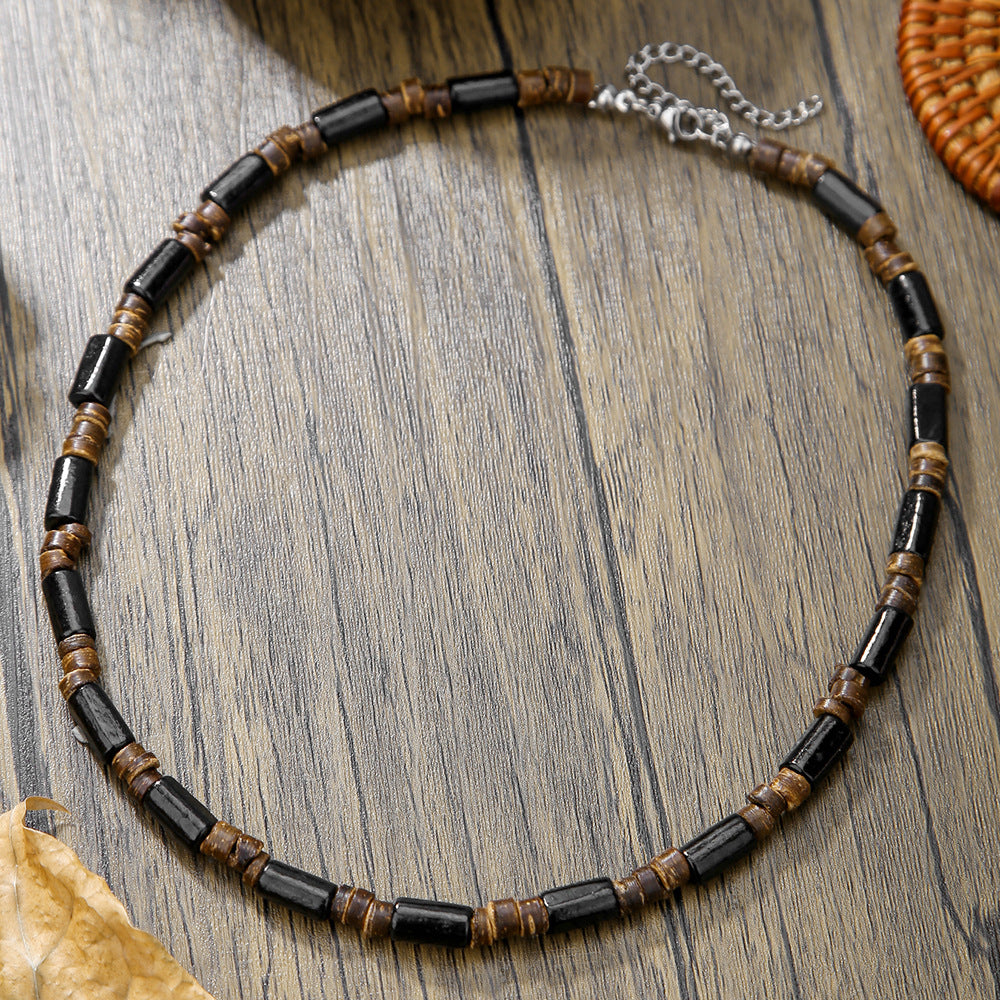 Bohemian Vintage Geometric Wood and Turquoise Beaded Necklace with Cable Chain for Unisex