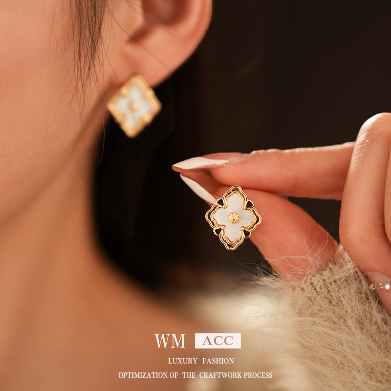 Chic Minimalist Rhombus Floral Geometric Mother-of-Pearl Earrings with Gold Plated Copper Base and Stainless Steel Posts for Women