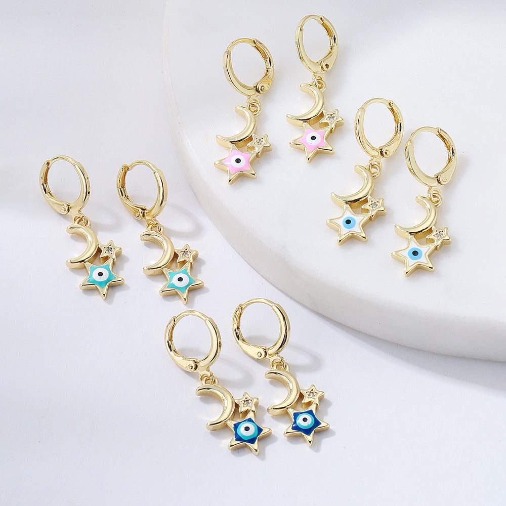 Minimalist Star and Moon Shaped Copper Earrings with Gold Plating for Women