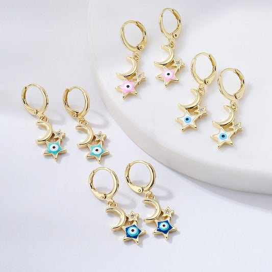 Minimalist Star and Moon Shaped Copper Earrings with Gold Plating for Women