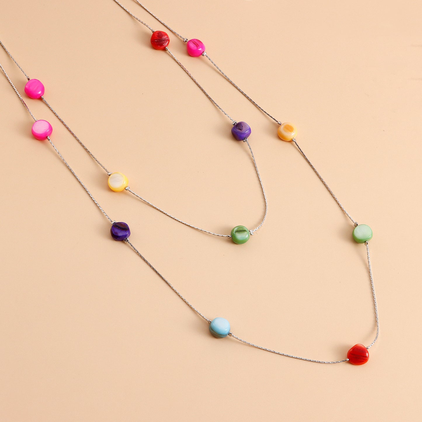 Geometric Long Layered Tassel Necklace for Women with Colored Zirconia on Alloy Base with Plated Finish