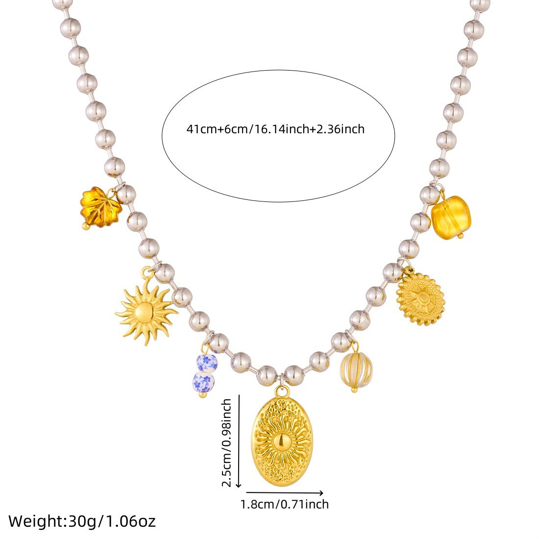 Minimalist Casual Oval Geometric Sun Flower Embossed Stainless Steel Pendant Ball Chain Necklace for Women