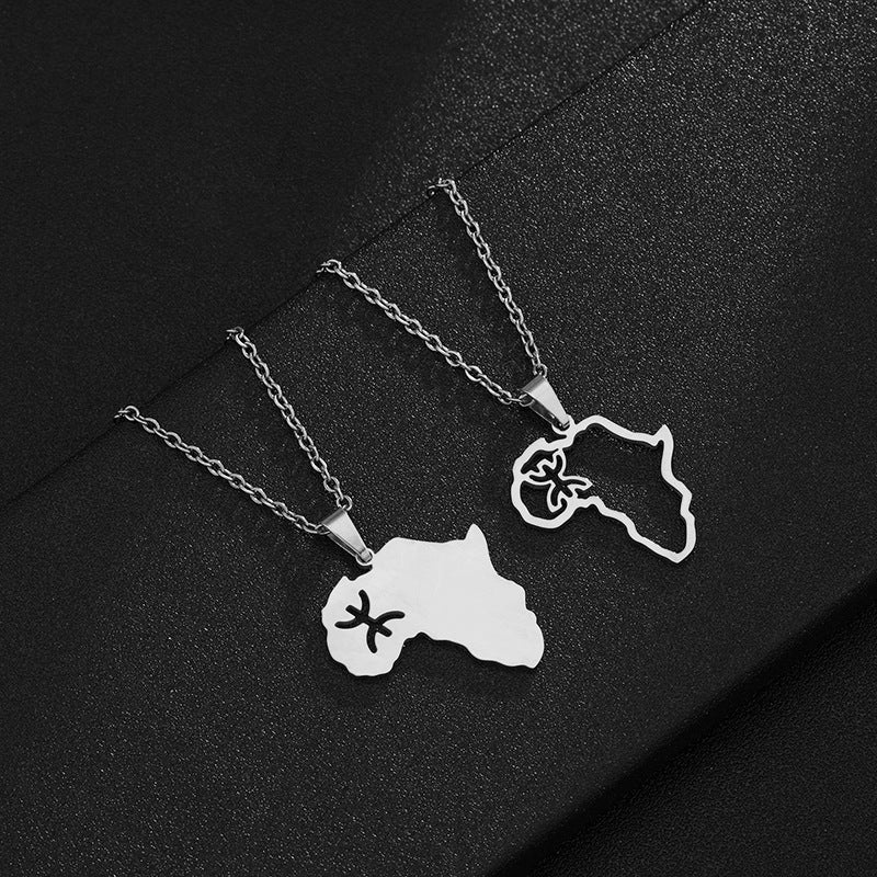 Collar con Colgante de Mapa Geométrico Africano Estilo Tribal Bereber en Acero Inoxidable con Acabado Chapado para Unisex