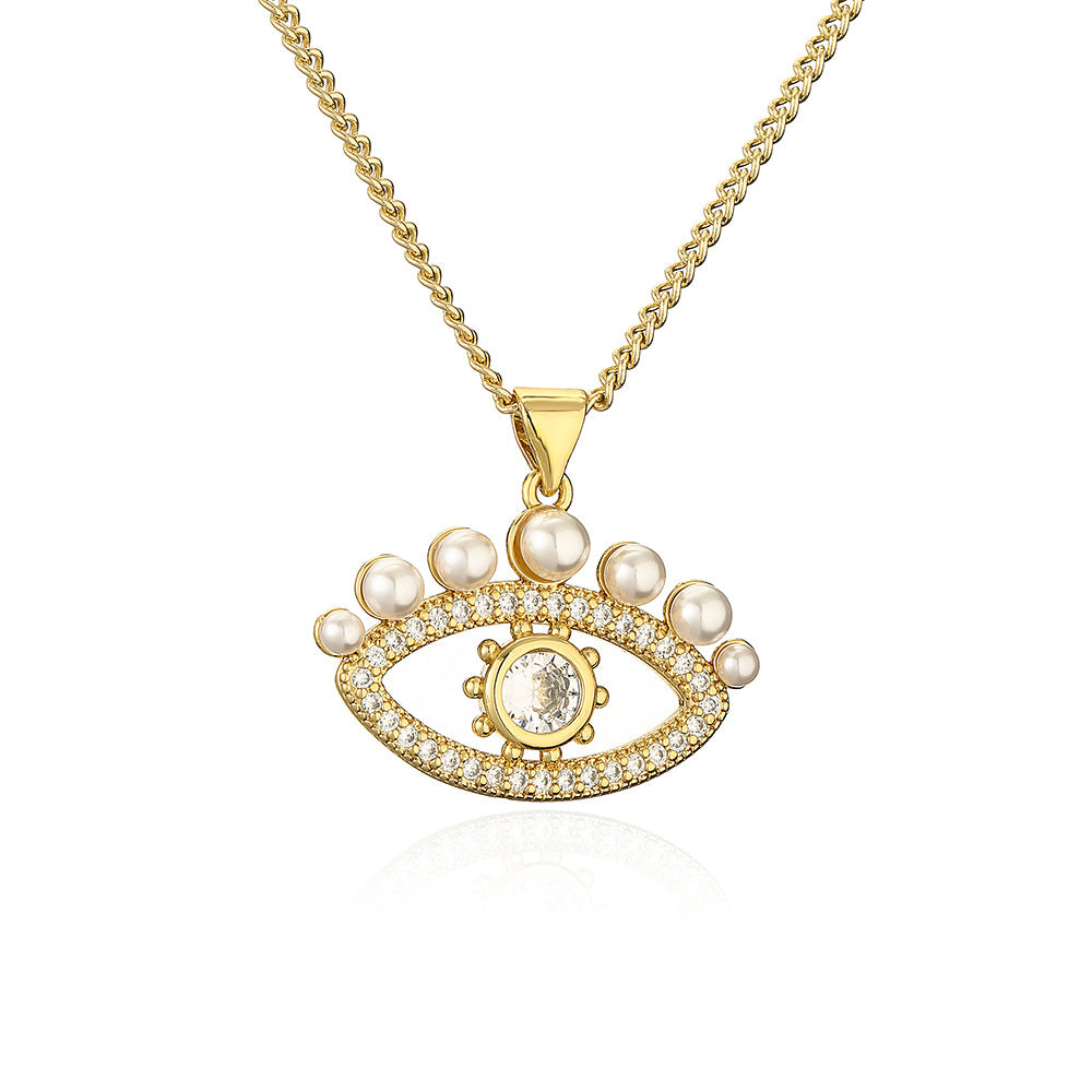 Minimalist Geometric Evil Eye Pendant Necklace for Women with Zircon and Pearl Accents on Copper Chain