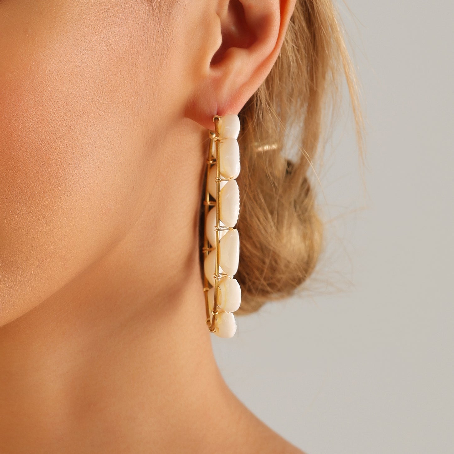 Geometric Shell Earrings for Women Handwoven Beach Vacation Jewelry with Plated Metal Hoops