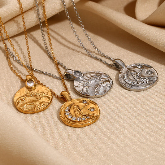 Collana da donna vintage in stile francese con ciondolo geometrico Sole e Luna in acciaio inossidabile placcato oro 18K