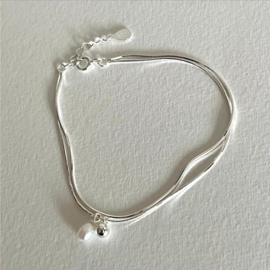 Pulsera minimalista de plata de ley 925 con cadena de serpiente geométrica y perla