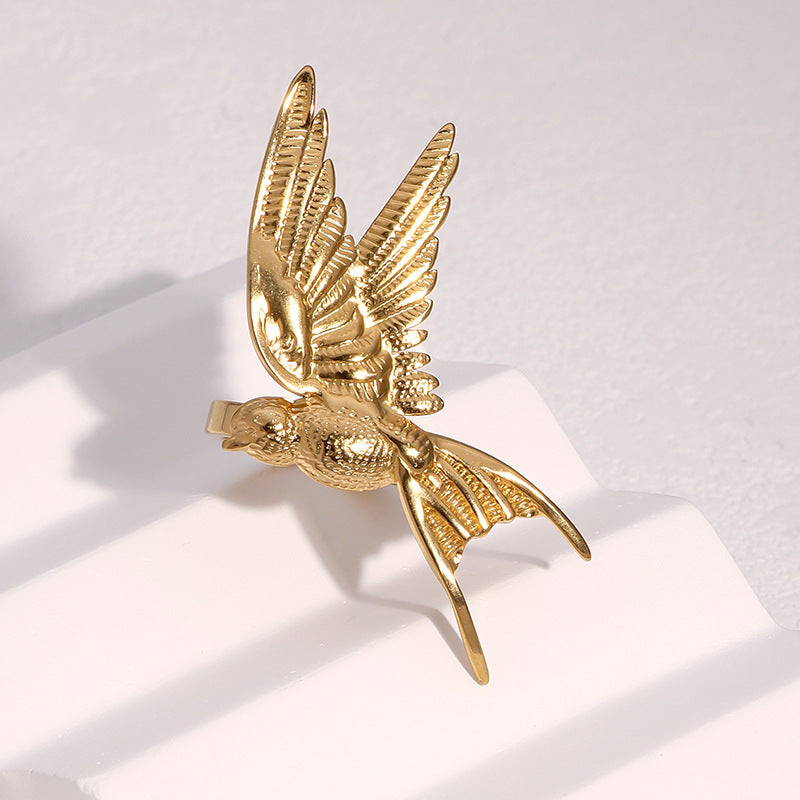 Minimalist Bird-Shaped Open-Style Ring in Stainless Steel with 18K Gold Plating for Women