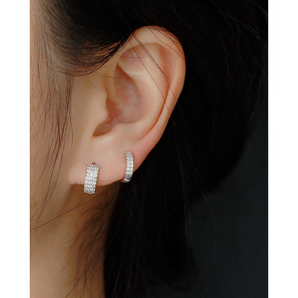 Minimalist 925 Sterling Silver Geometric Round Hoop Earrings with Cubic Zirconia and Crystal Inlay for Women