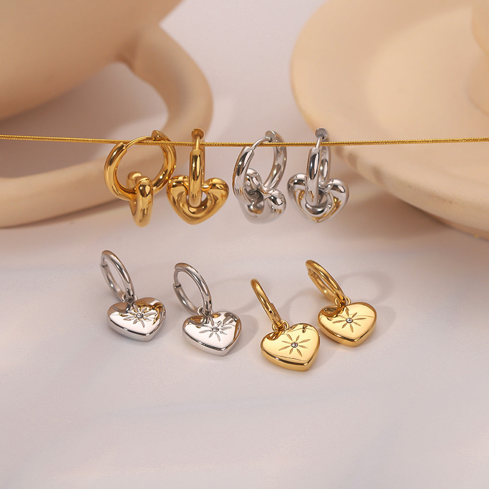 Orecchini a Cuore Minimalisti in Acciaio Inossidabile con Placcatura in Oro 18K e Intarsi in Zirconi per Donne