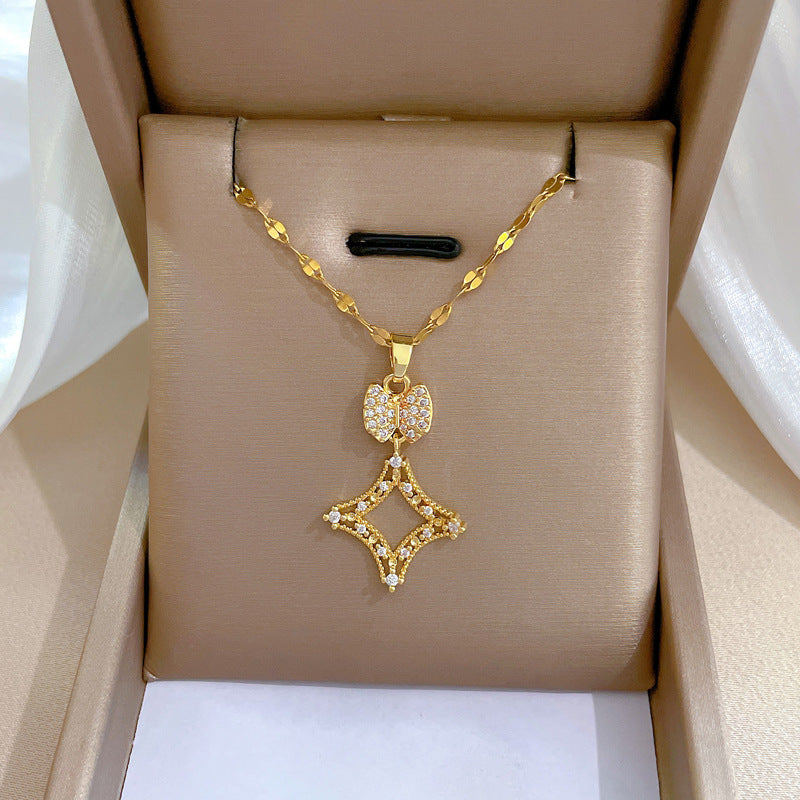 Collana da donna minimalista con intarsio di strass, in acciaio al titanio, con design geometrico