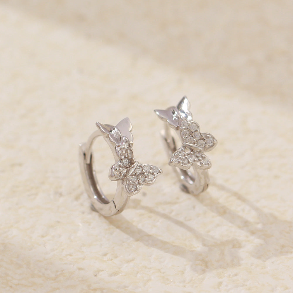 Sweet-Edgy Butterfly-Shaped S925 Sterling Silver Stud Earrings with Rhinestone Inlay for Women