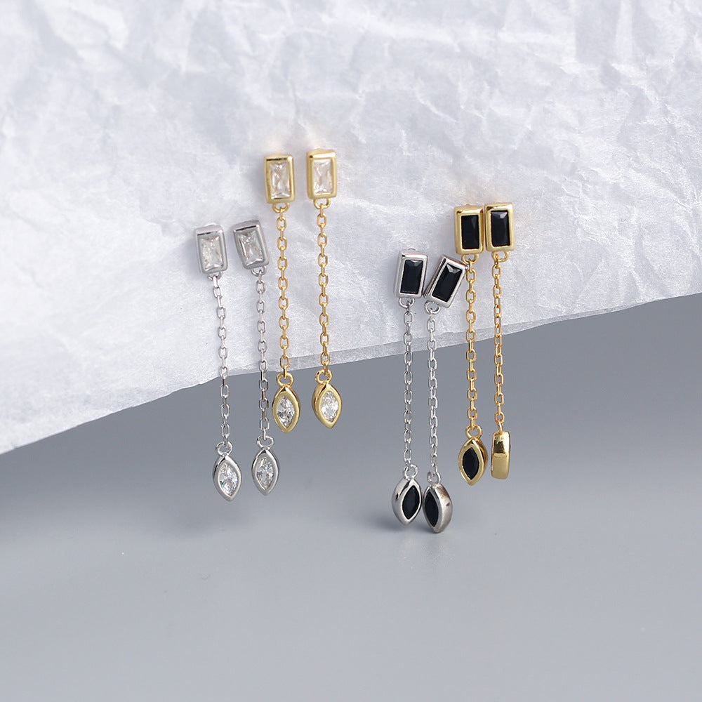 Orecchini pendenti da donna con nappine in argento sterling 925 minimalista, rettangolari intarsiati con diamanti
