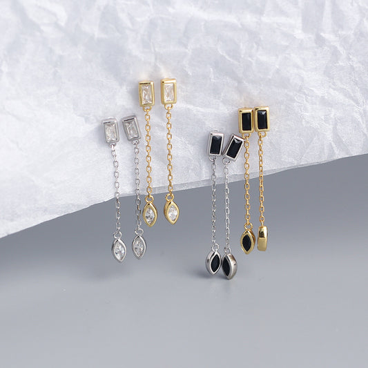 Orecchini pendenti da donna con nappine in argento sterling 925 minimalista, rettangolari intarsiati con diamanti
