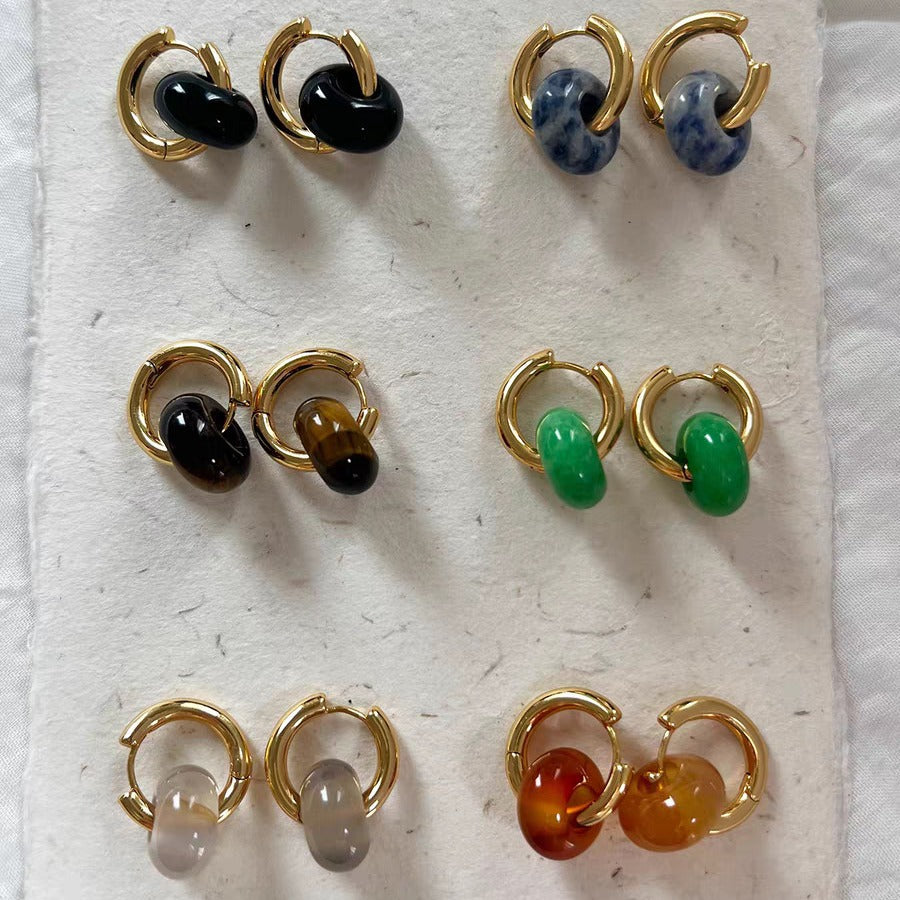 Pendientes minimalistas de acero inoxidable en forma de U con incrustaciones de ágata natural para hombre y mujer