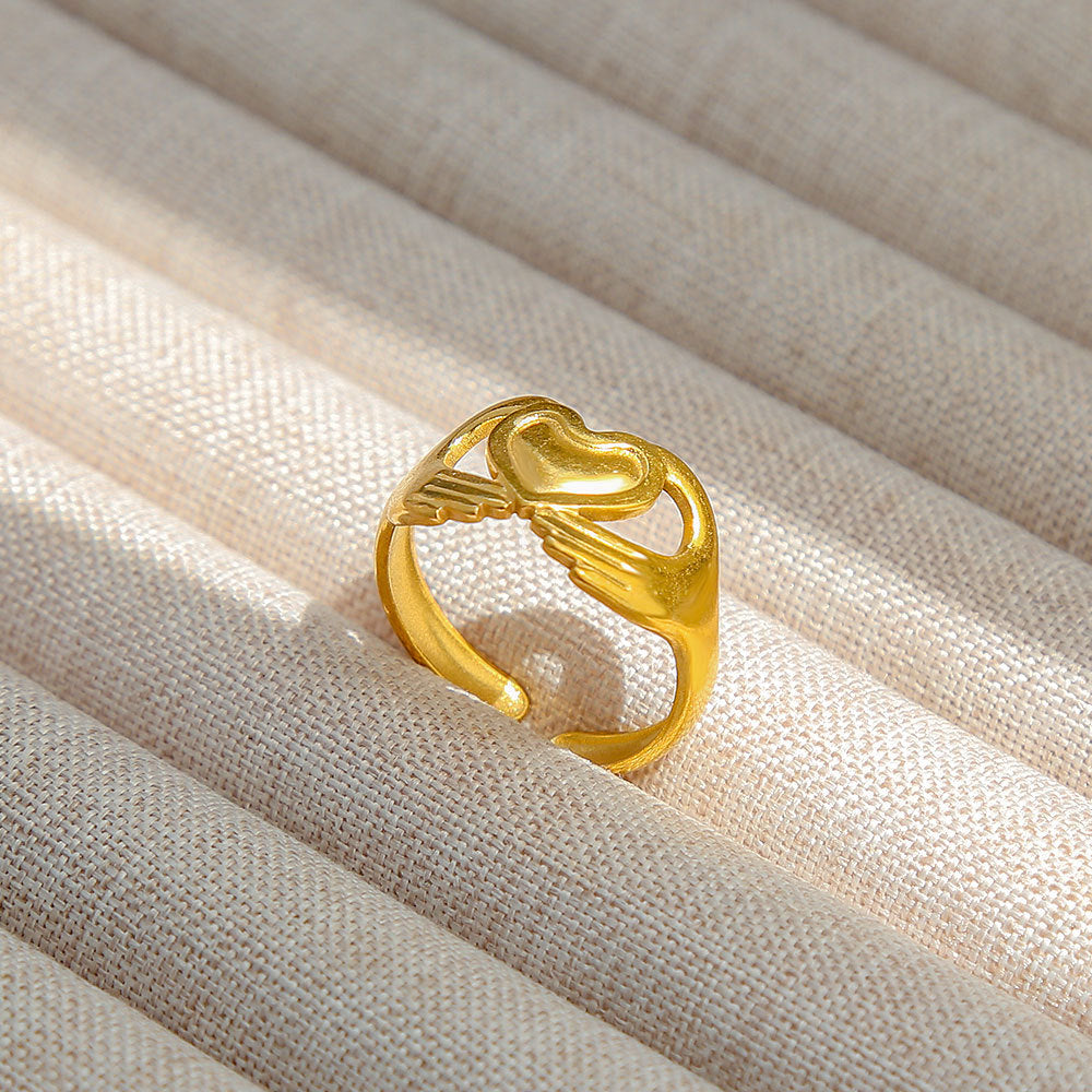 Anello Aperto Regolabile da Donna in Acciaio Inossidabile Stile INS Vintage, Geometrico e a Cuore, con Intarsio in Pietra Naturale, Elegante e Minimalista