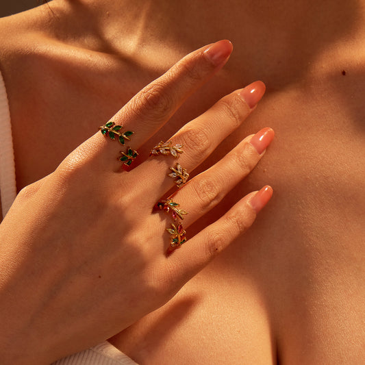 Anillo minimalista de acero de titanio con forma de hoja, de inspiración francesa, para mujer, con chapado en oro de 18 quilates, elegante diseño de banda abierta