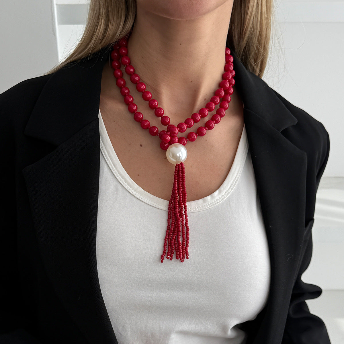 Luxury Elegant Geometric Round Acrylic Beaded Tassel Layered Necklace for Women