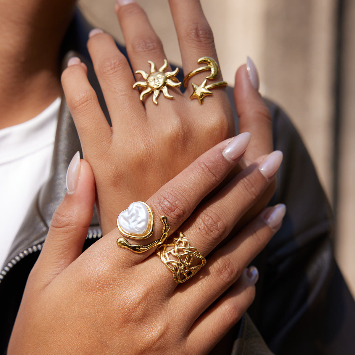 Anillo Minimalista Geométrico de Acero de Titanio con Incrustación de Perlas para Mujer, Joyería de Moda de Lujo de Acero Inoxidable Electrochapado