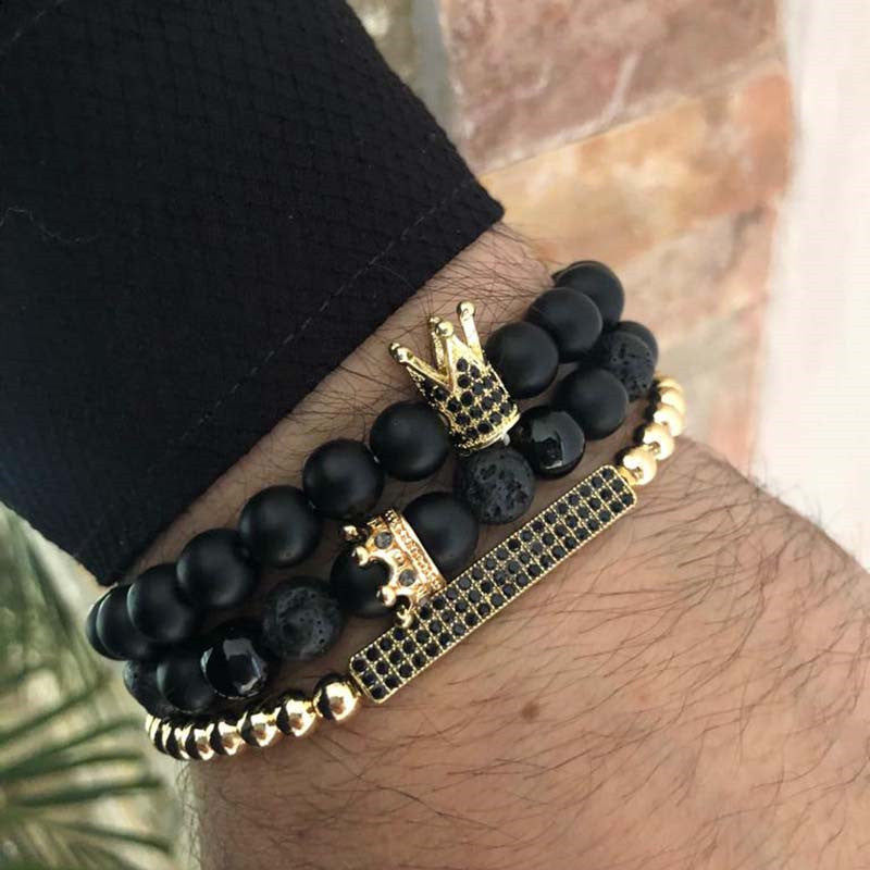 Matte Geometric Brass Bracelet Set with Cubic Zirconia Inlay for Unisex