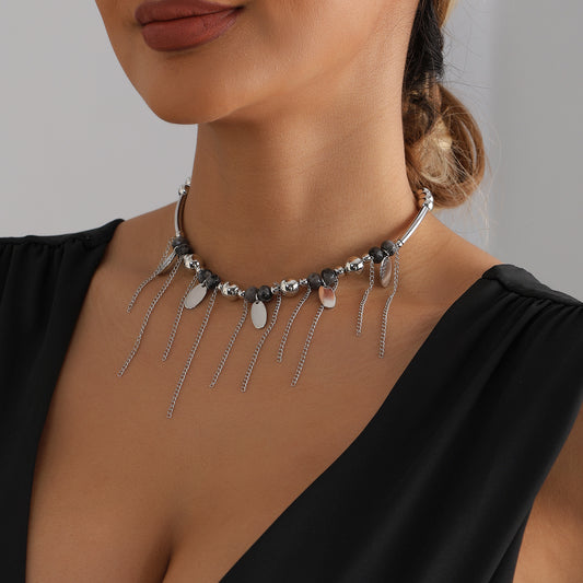 Vintage Gothic Geometric Alloy Plated Necklace with Tassel for Women