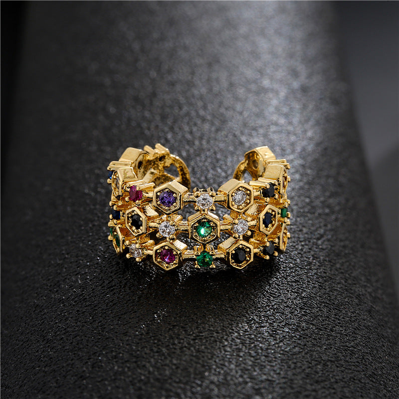 Geometric Gold Plated Brass Micro-Inlaid Cubic Zirconia Ring for Women