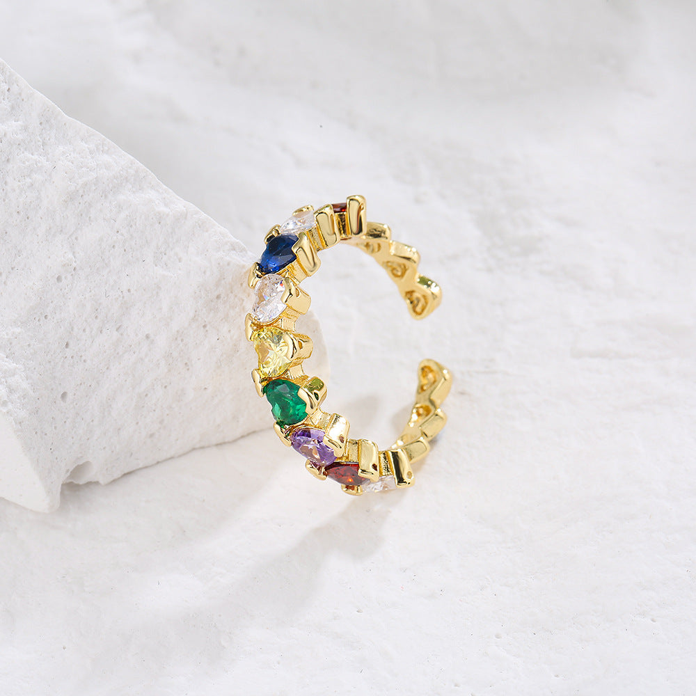 Geometric Open Ring in Copper with 18K Gold Plating and Colorful Zirconia, Minimalist Fashion Accessory for Women