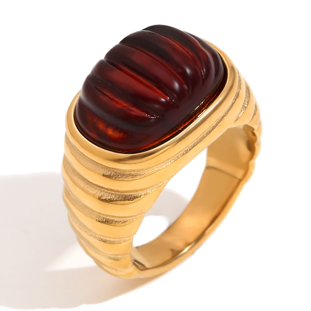 Vintage Elegant 18K Gold Plated Stainless Steel Oval Floral Geometric Ring for Women