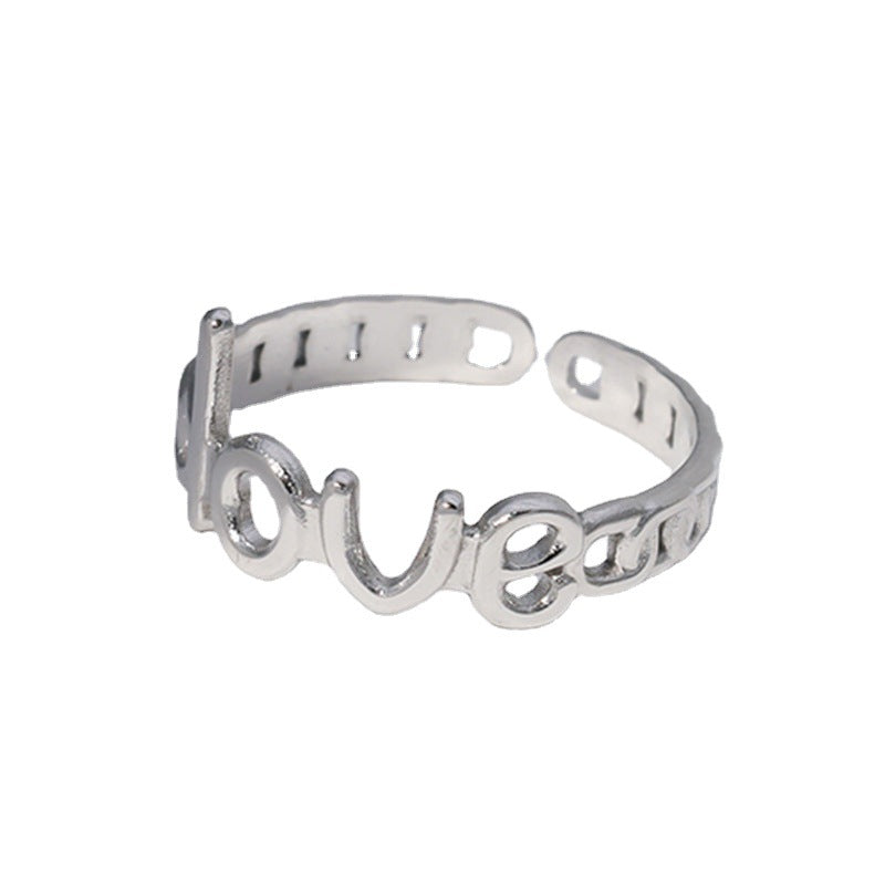 Anello aperto regolabile in acciaio al titanio con placcatura, per donna, con design a lettera d'amore minimalista