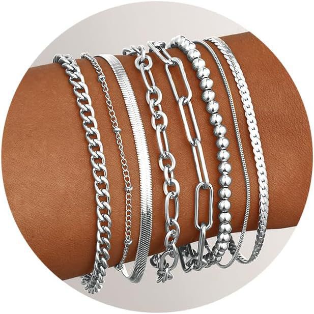 Bohemian Minimalist Geometric Plated Alloy Cuban Link Chain Pearl Bracelet Set for Women