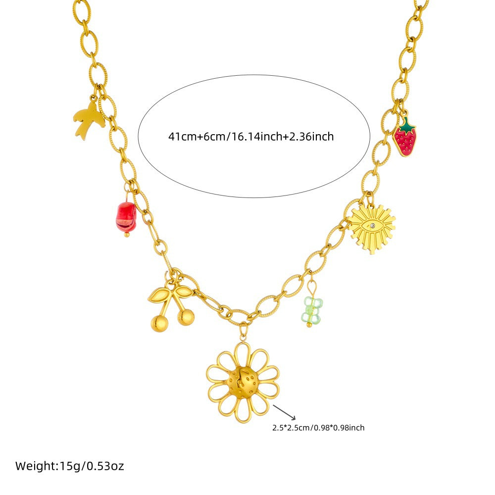 Collana con pendente a cuore e fiore di ciliegio minimalista in acciaio inossidabile con finitura placcata su catena a O per donna