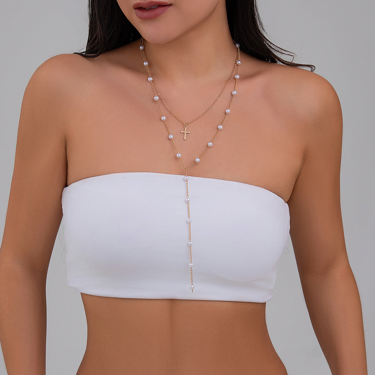 Collana a Y da donna con pendente a croce vintage in stile francese con perle di strass colorate, finitura placcata in lega di zinco, design geometrico