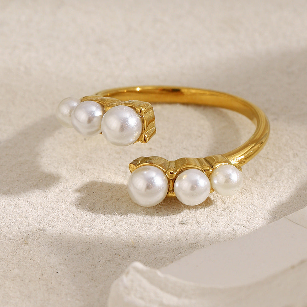 Anello Aperto Minimalista Geometrico Placcato Oro 18K in Acciaio Inossidabile da Donna con Finitura Simil-Perla