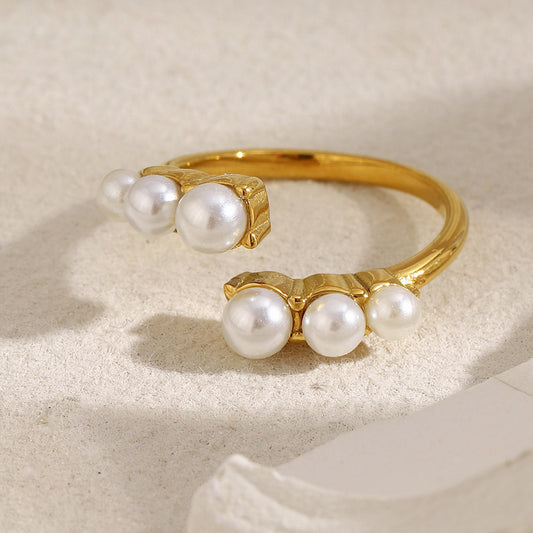 Anello Aperto Minimalista Geometrico Placcato Oro 18K in Acciaio Inossidabile da Donna con Finitura Simil-Perla