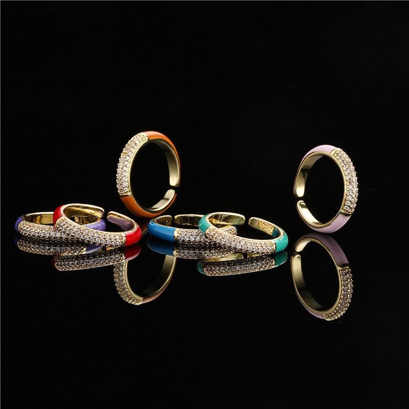 Geometric Micro-pave Cubic Zirconia and Drip Oil Brass Ring for Women