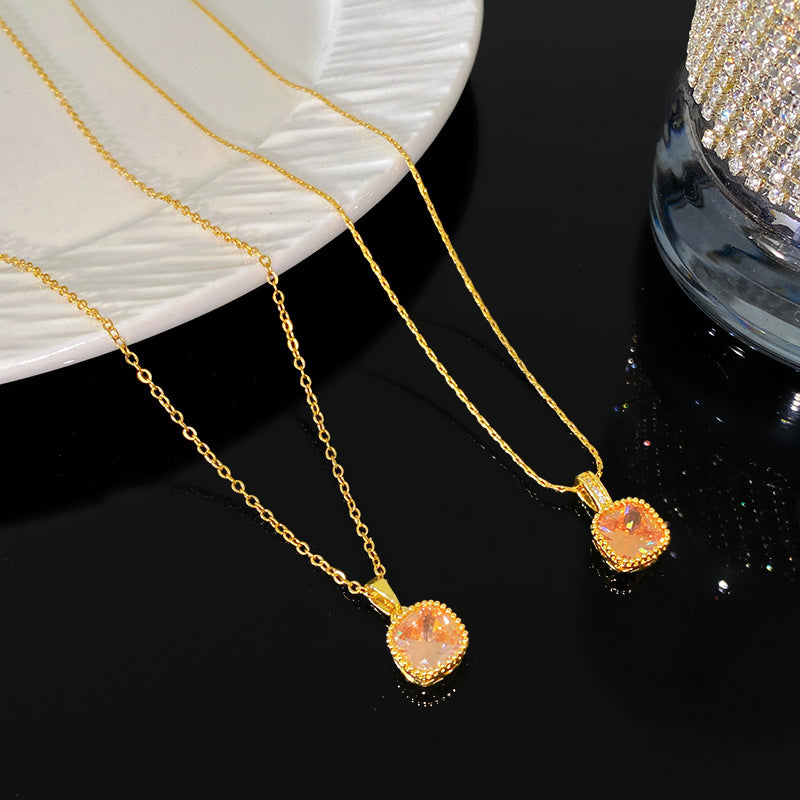 Sweet Sporty Square Geometric Cubic Zirconia Plated Titanium Steel Necklace with Brass Pendant Cable Chain