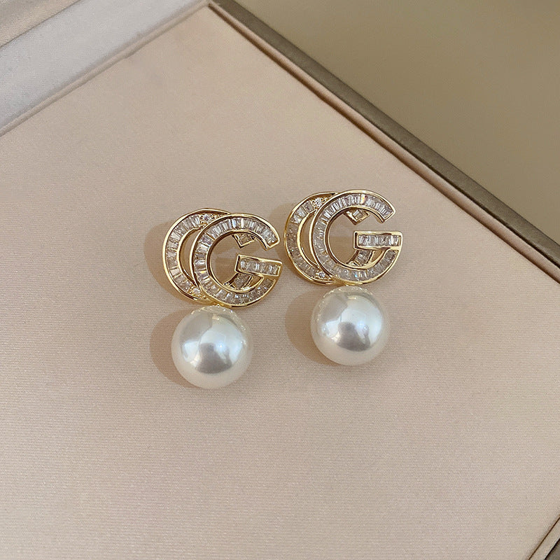 Eleganti Orecchini a Perno da Donna in Stile Francese Vintage con Zirconi Geometrici e Perle Imitazione