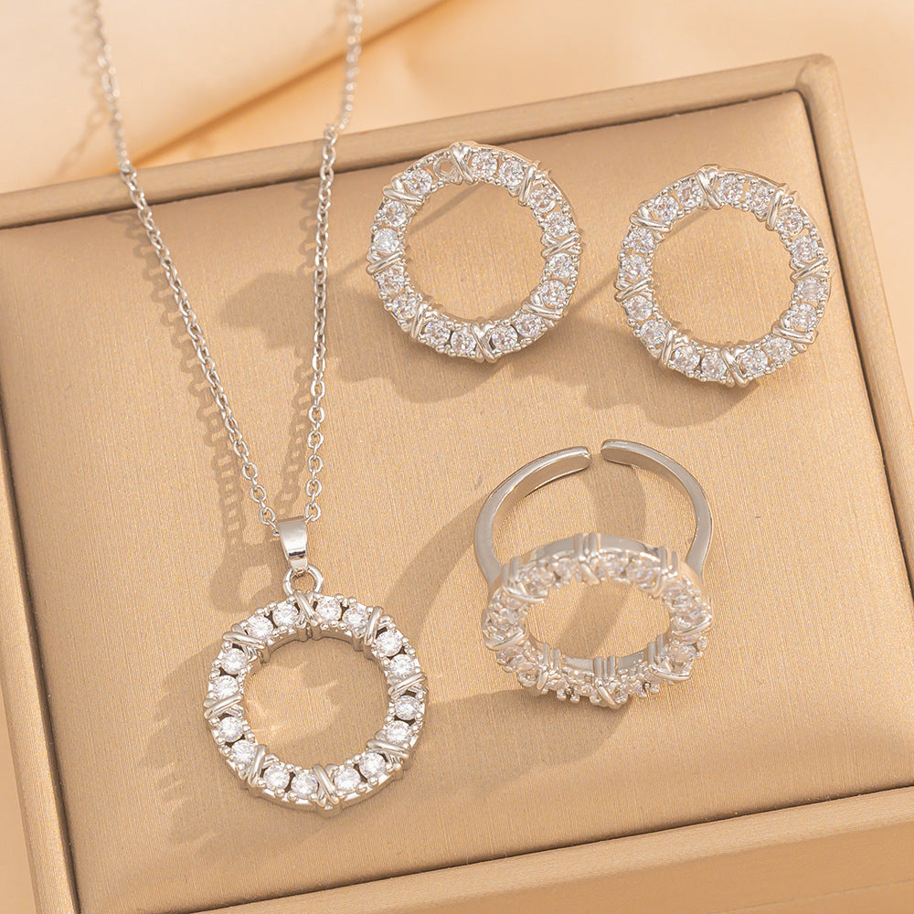 Luxury Minimalist Round Geometric Necklace Ring Set in Titanium Steel with Gold Plating and Rhinestone Inlay for Women
