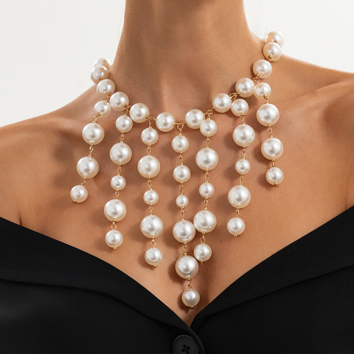 French Vintage Elegant Geometric Round Faux Pearl Plated Necklace for Women