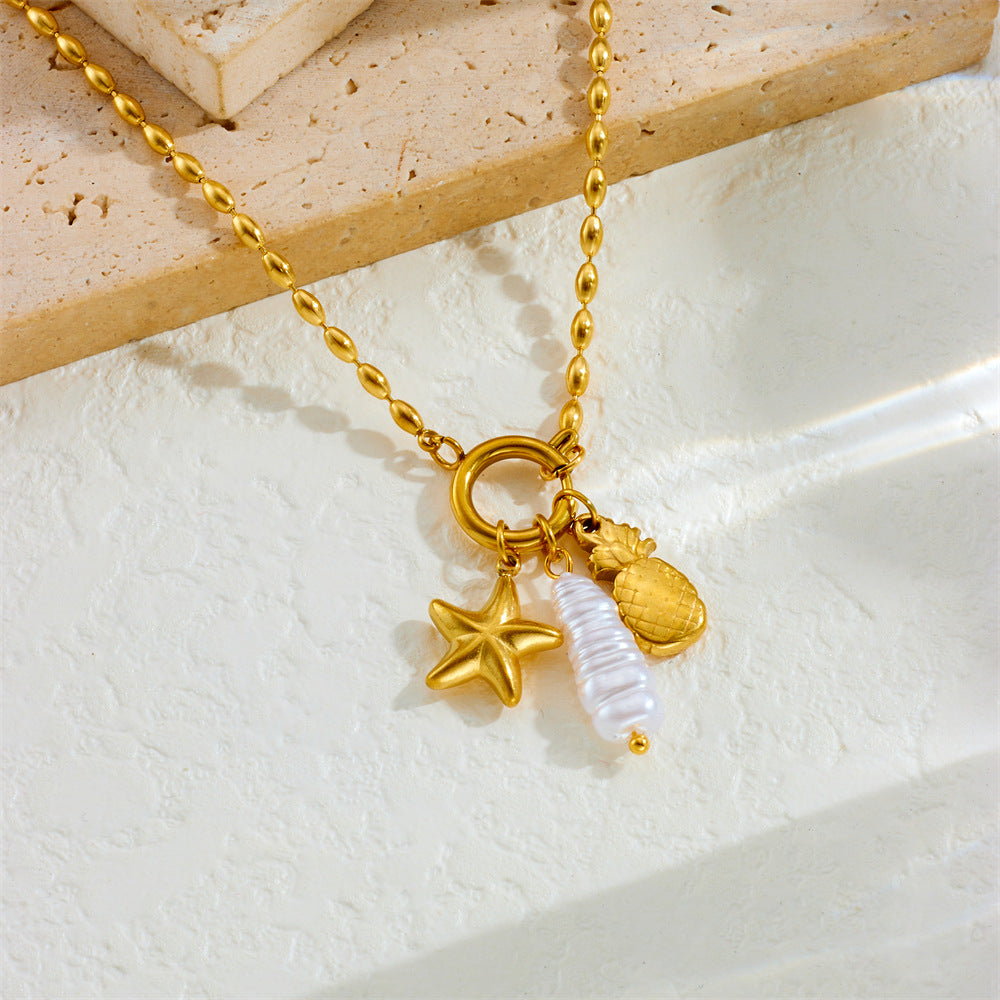 Fashion Gold Plated Stainless Steel Star and Fruit Pendant Ball Chain Necklace for Women
