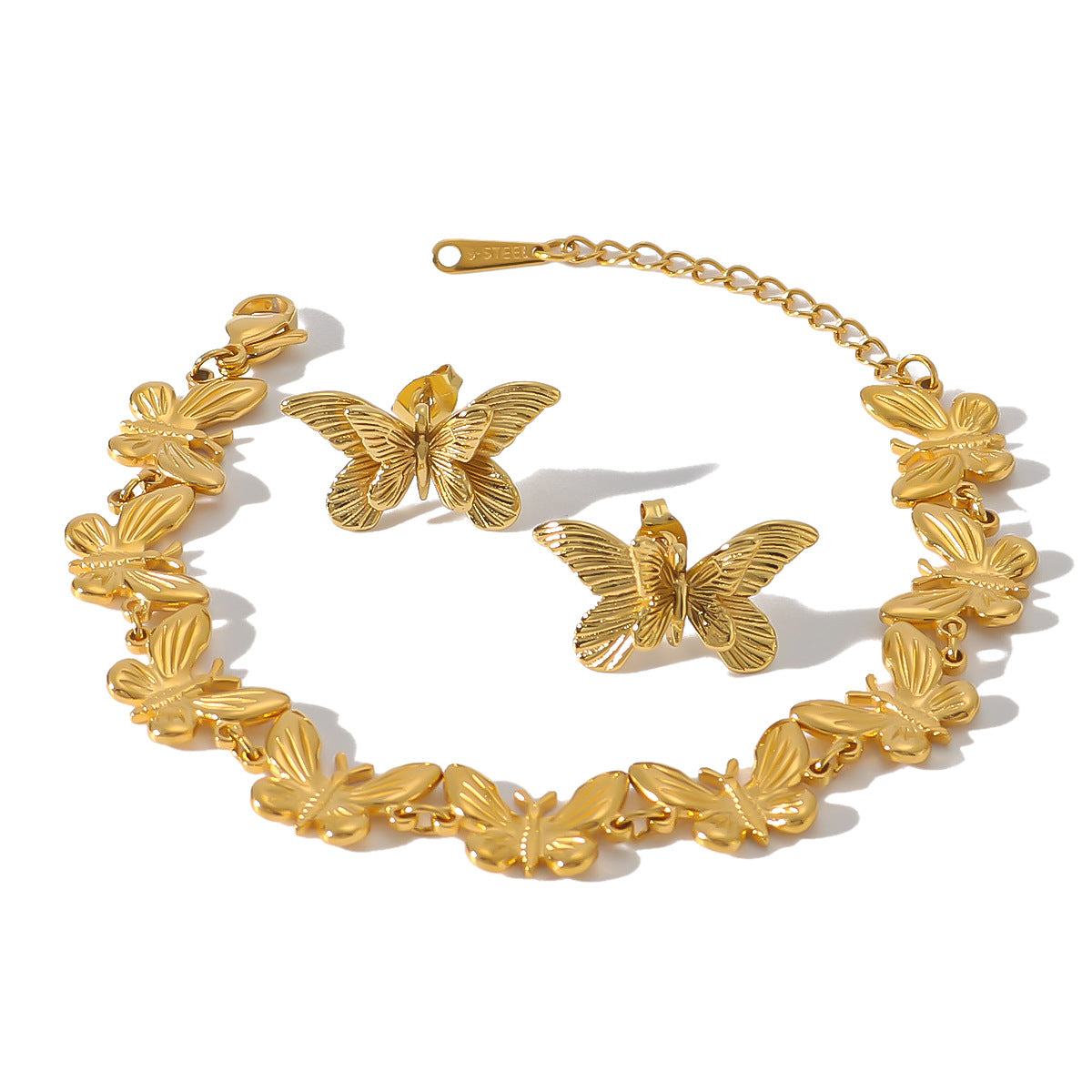 Vintage Style Butterfly-Shaped Stainless Steel Bracelet and Earrings Set with 18K Gold Plating Minimalist Luxury Jewelry