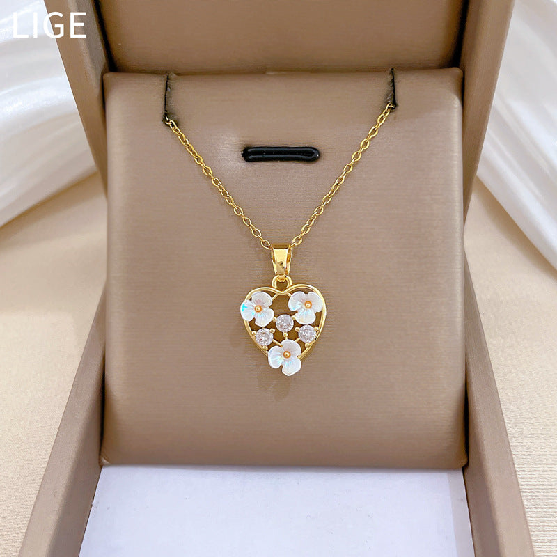 Sweet Elegant Heart Geometric Floral Cubic Zirconia Titanium Steel Necklace for Women and Men